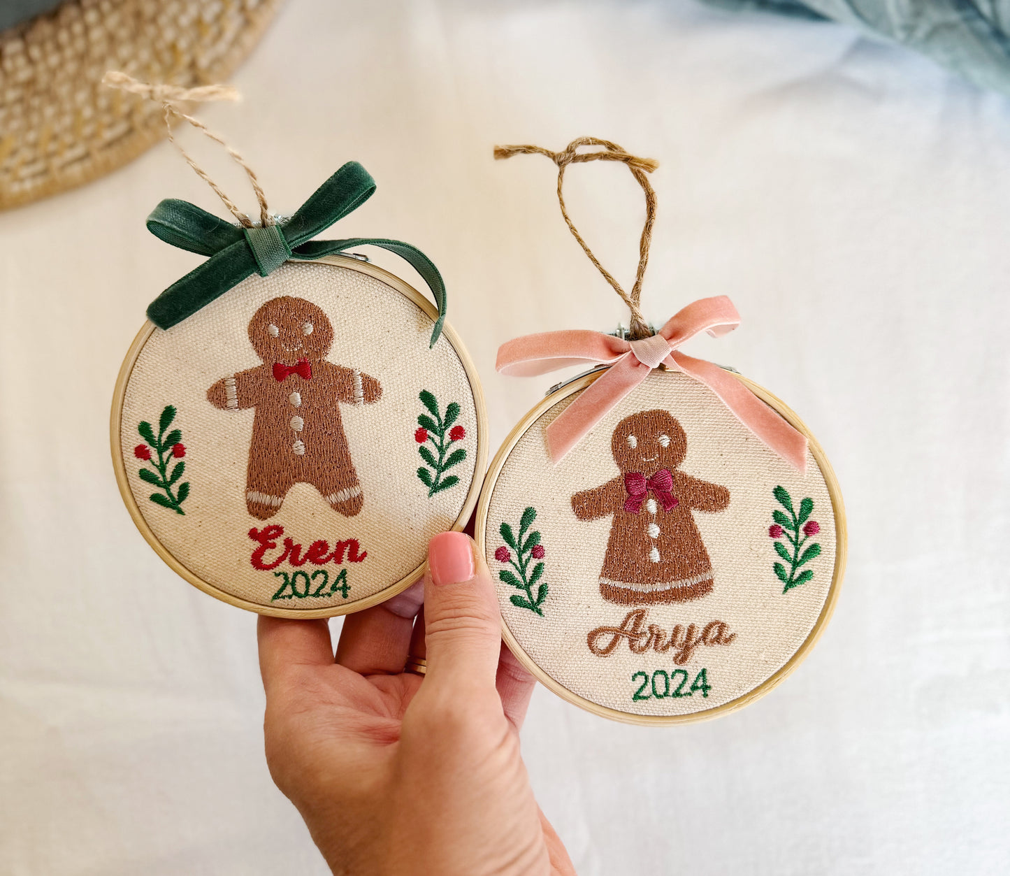 Custom Baby's First Christmas Embroidery Ornament with Velvet Bow