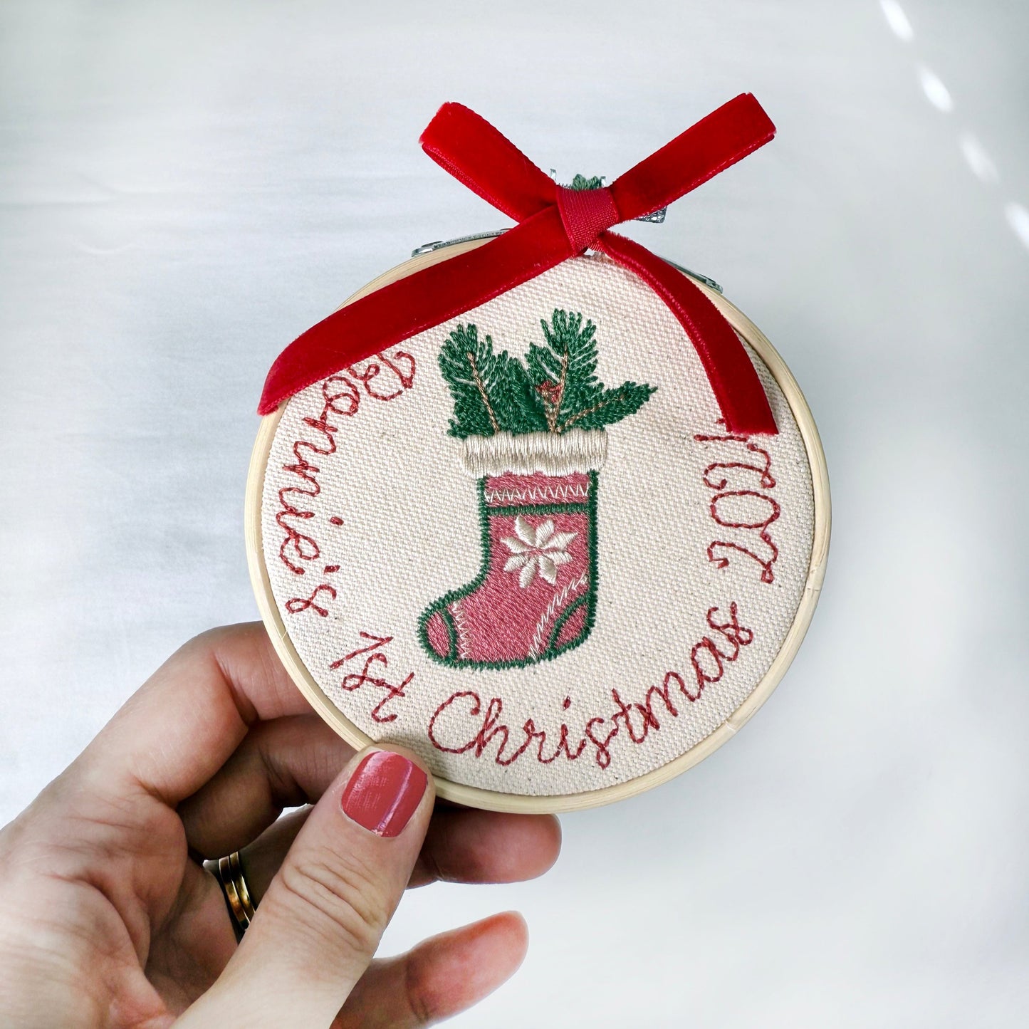 Custom Baby's First Christmas Embroidery Ornament with Velvet Bow