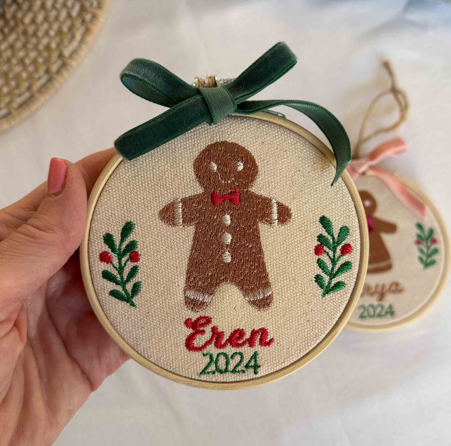 Custom Baby's First Christmas Embroidery Ornament with Velvet Bow