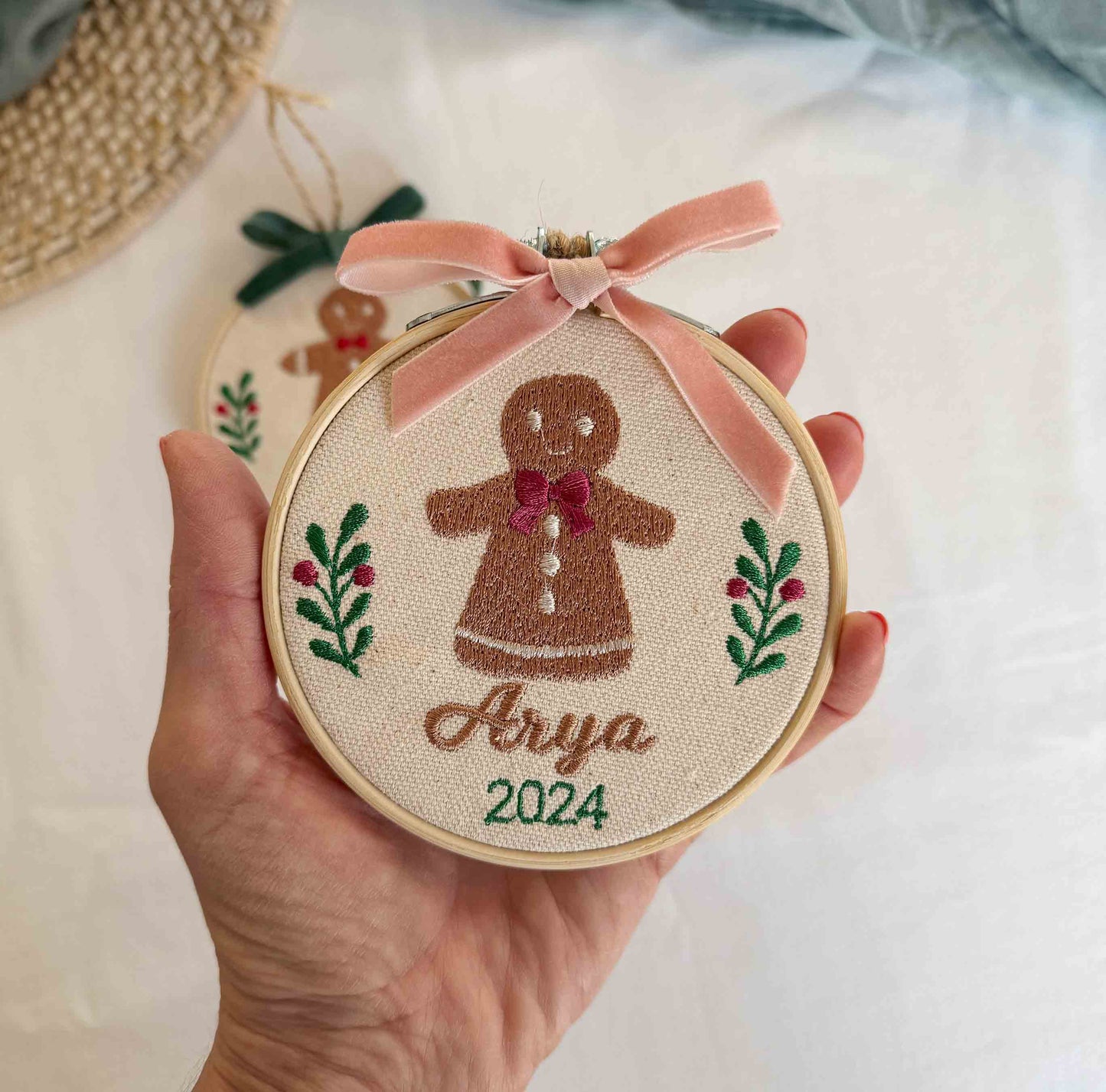 Custom Baby's First Christmas Embroidery Ornament with Velvet Bow