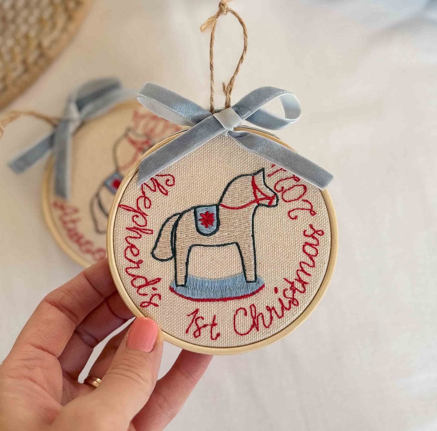 Custom Baby's First Christmas Embroidery Ornament with Velvet Bow