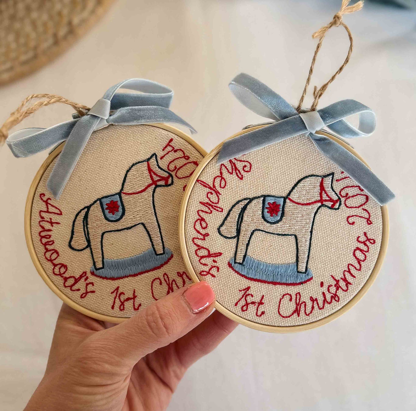 Custom Baby's First Christmas Embroidery Ornament with Velvet Bow