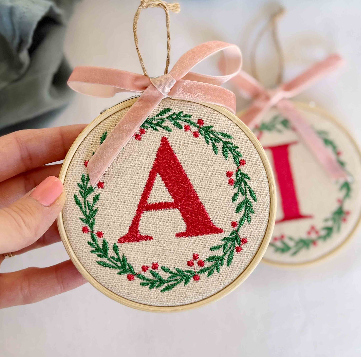 Custom Baby's First Christmas Embroidery Ornament with Velvet Bow